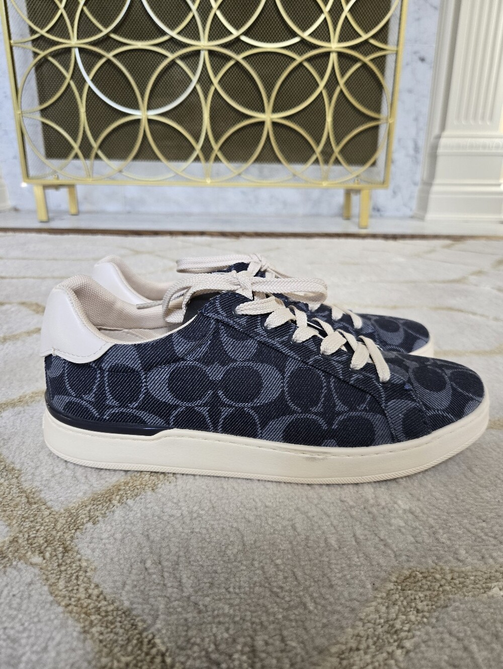 Coach Clip Low Top Navy Denim Signature Logo Sneakers with Cream Accents - Picture 2 of 7